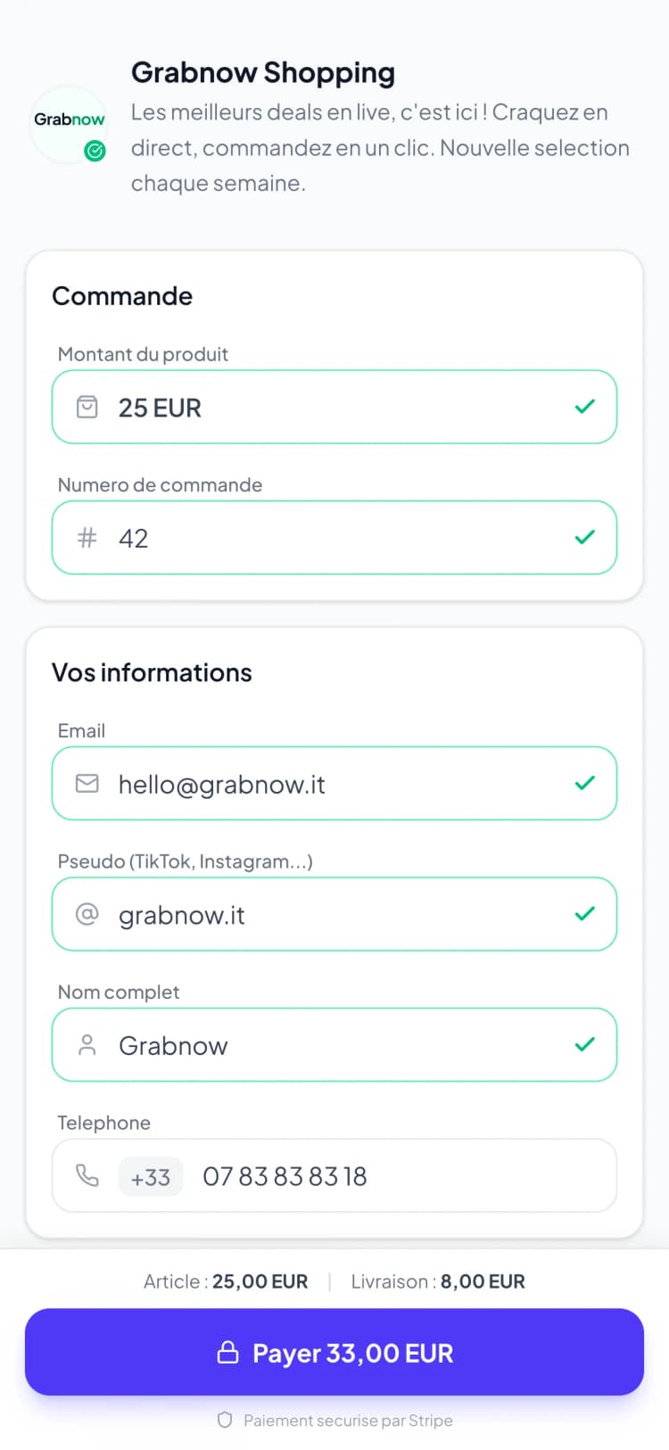 Dashboard Grabnow — gestion des commandes et paiements en live shopping