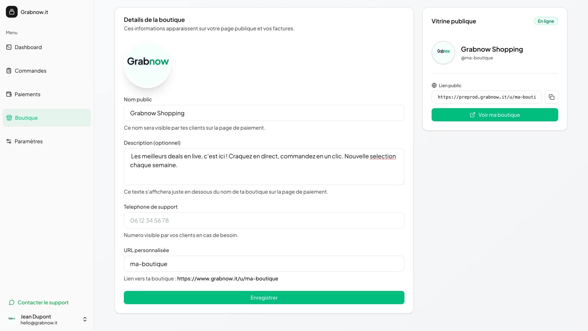 Page boutique Grabnow — lien de partage pour vendre sur TikTok et Instagram
